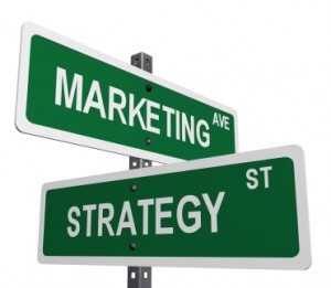 a sign post with marketing and strategy on street like signs